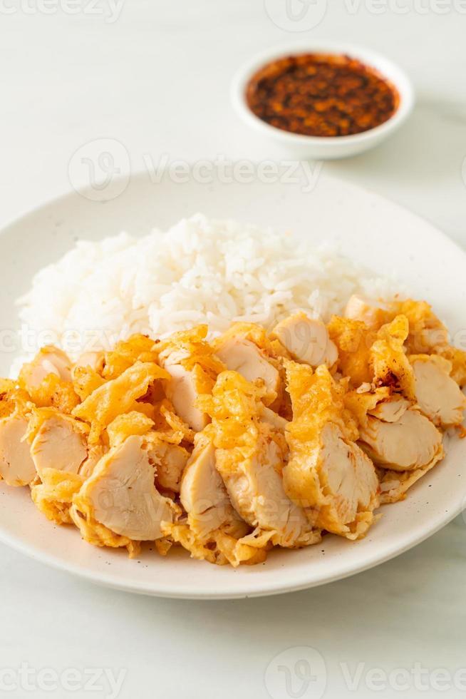 Fried chicken topped rice with dipping sauce photo