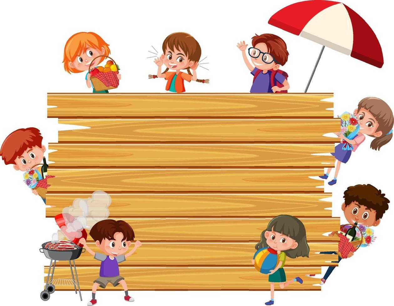 Empty wooden board with many children cartoon character vector