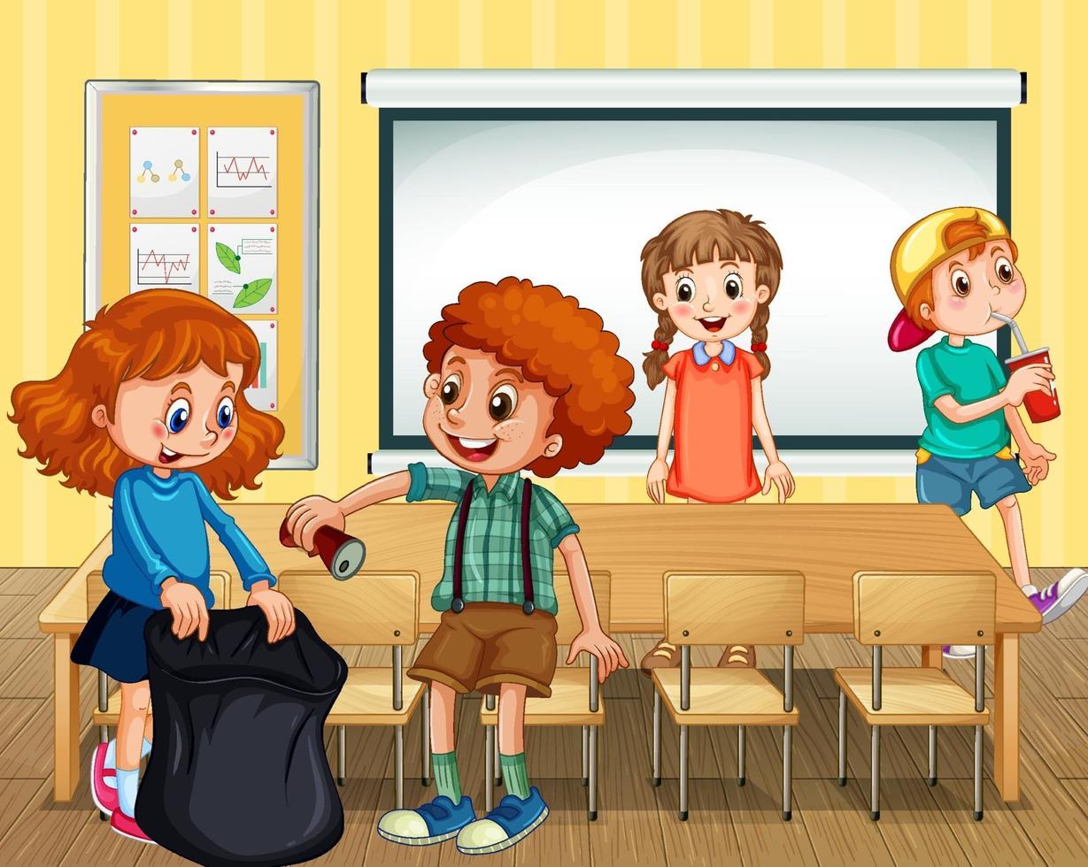 Scene with students cleaning classroom together vector