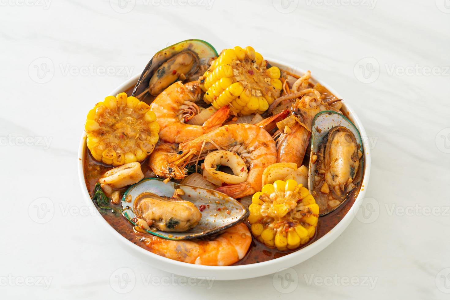 Spicy barbecue seafood - shrimps, sqiud, mussel photo