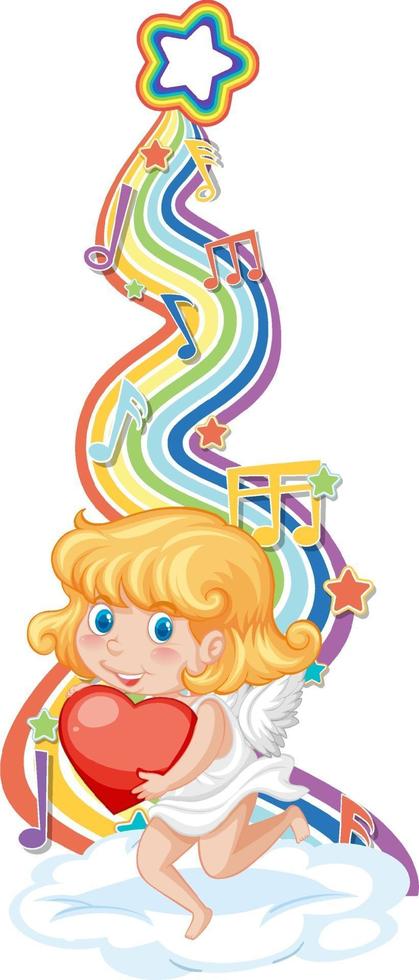 Cupido niña con símbolos de melodía en la onda del arco iris vector