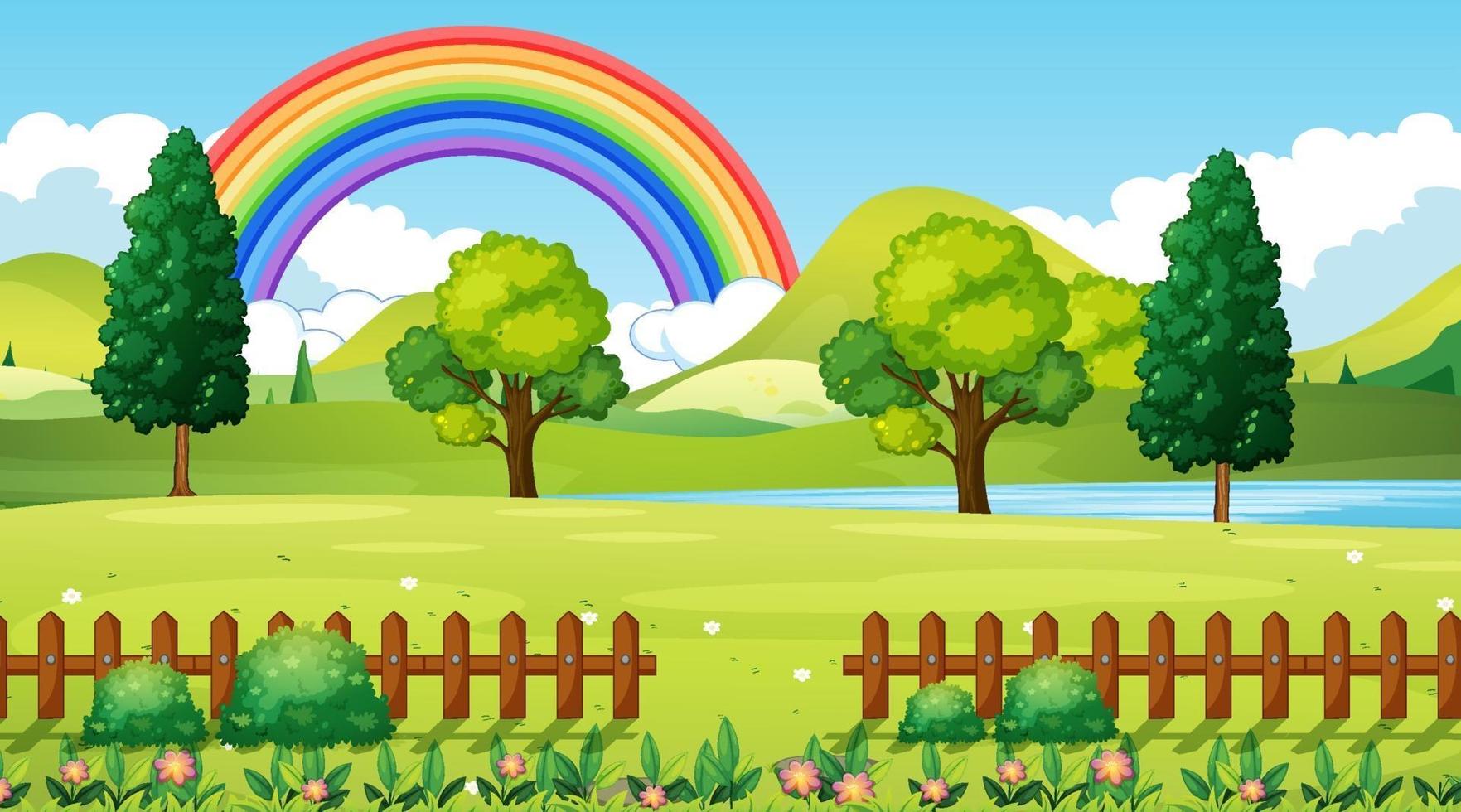 Fondo de escena de parque natural con arco iris en el cielo vector