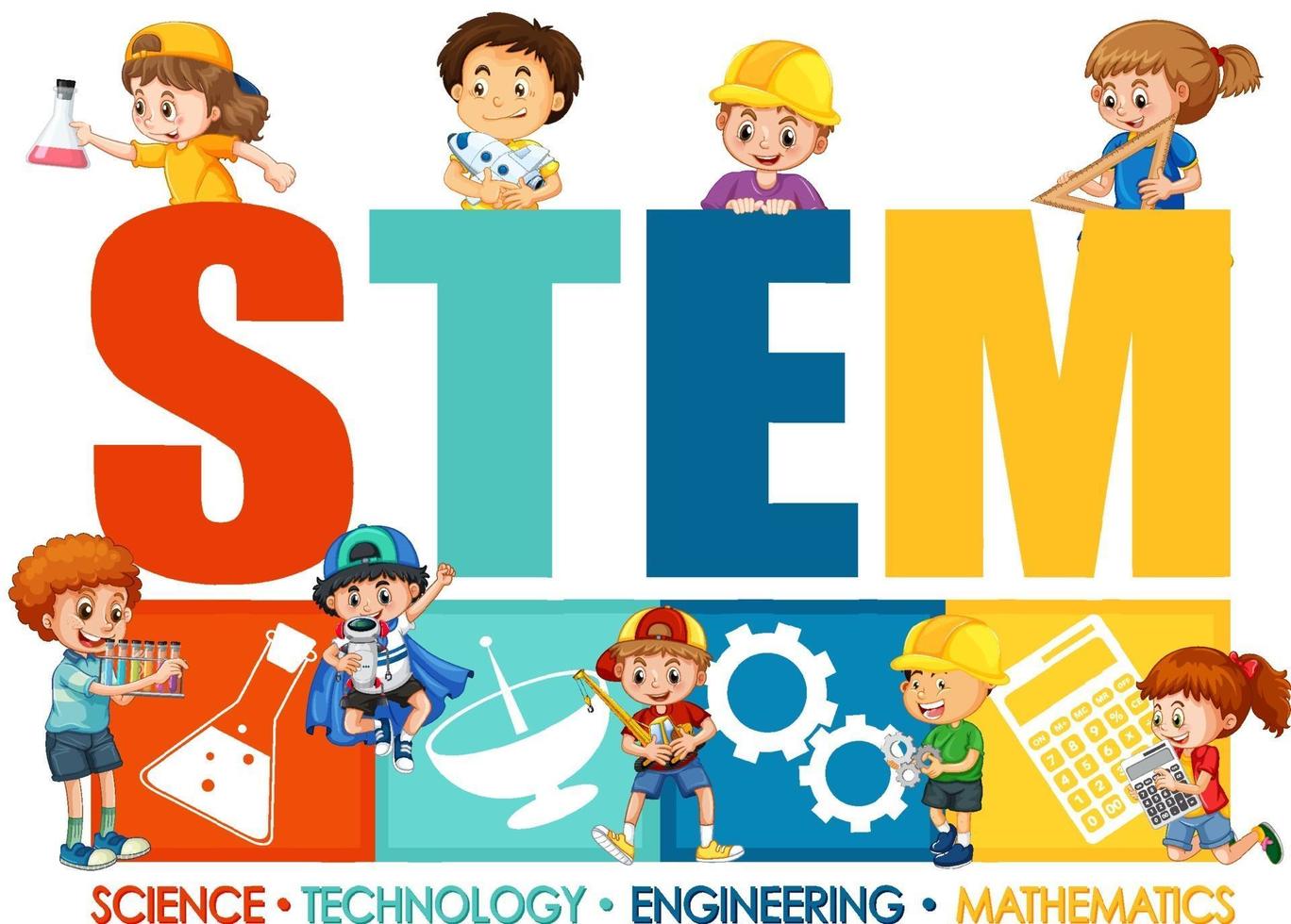 STEM education font logo with children cartoon character vector