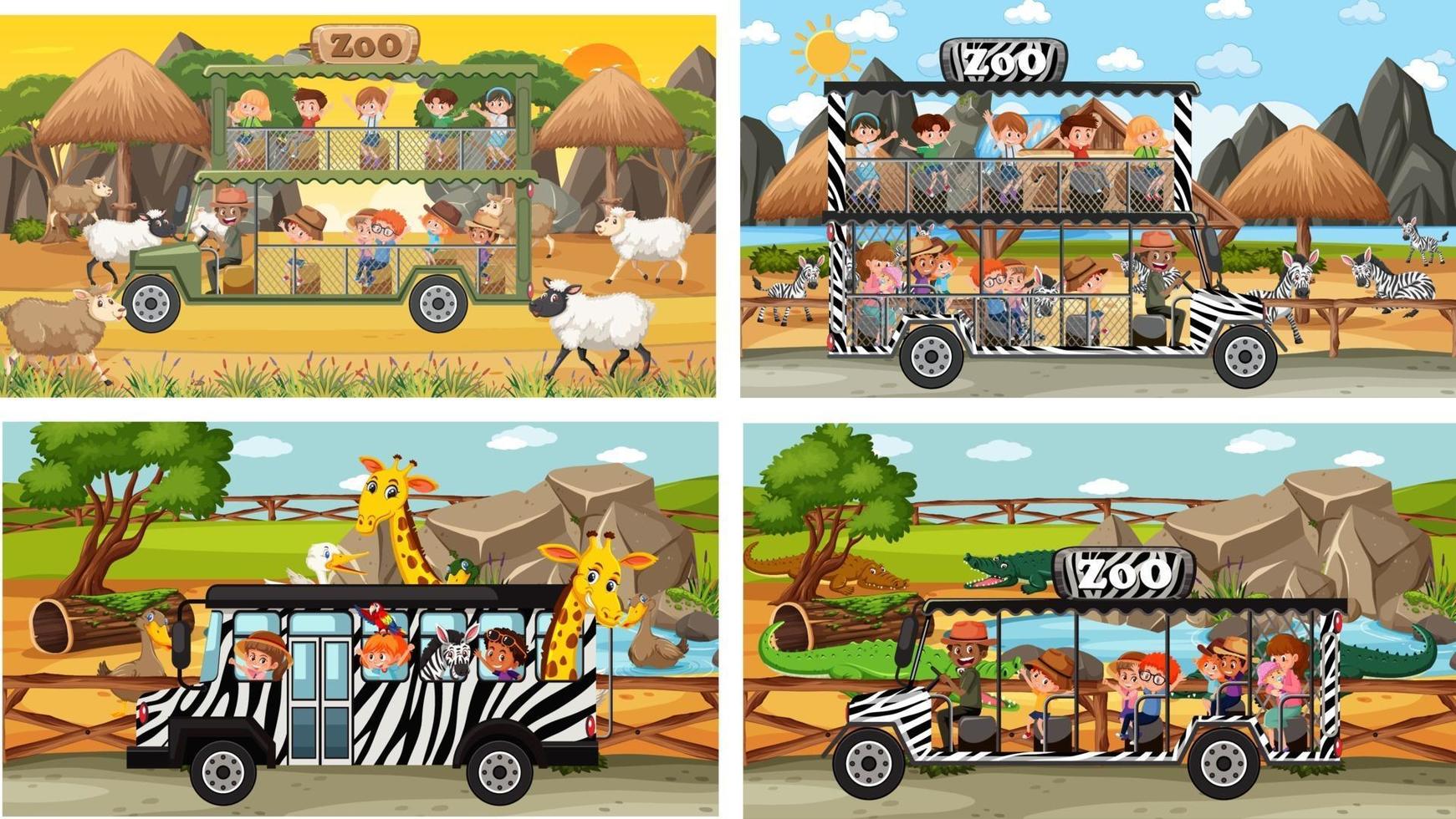 Set of different safari scenes with animals and kids cartoon character vector