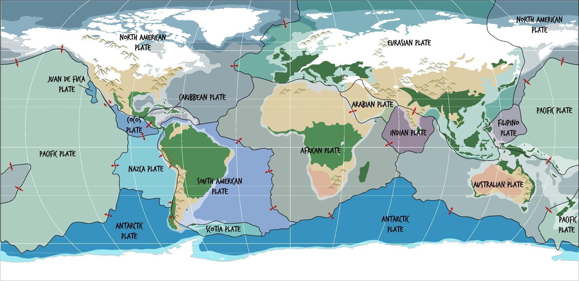 mapa mundial que muestra los límites de las placas tectónicas vector