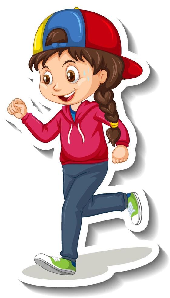 Cartoon character sticker with a girl jogging on white background vector