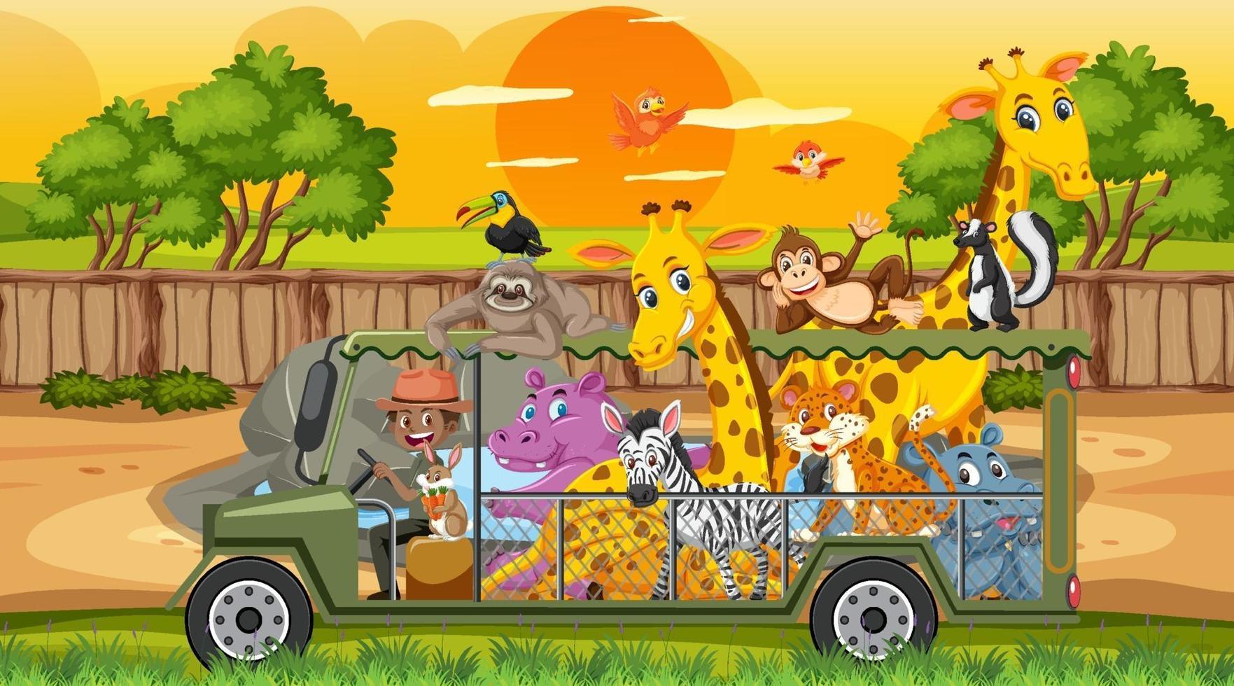 Safari scene with wild animals in the cage car vector