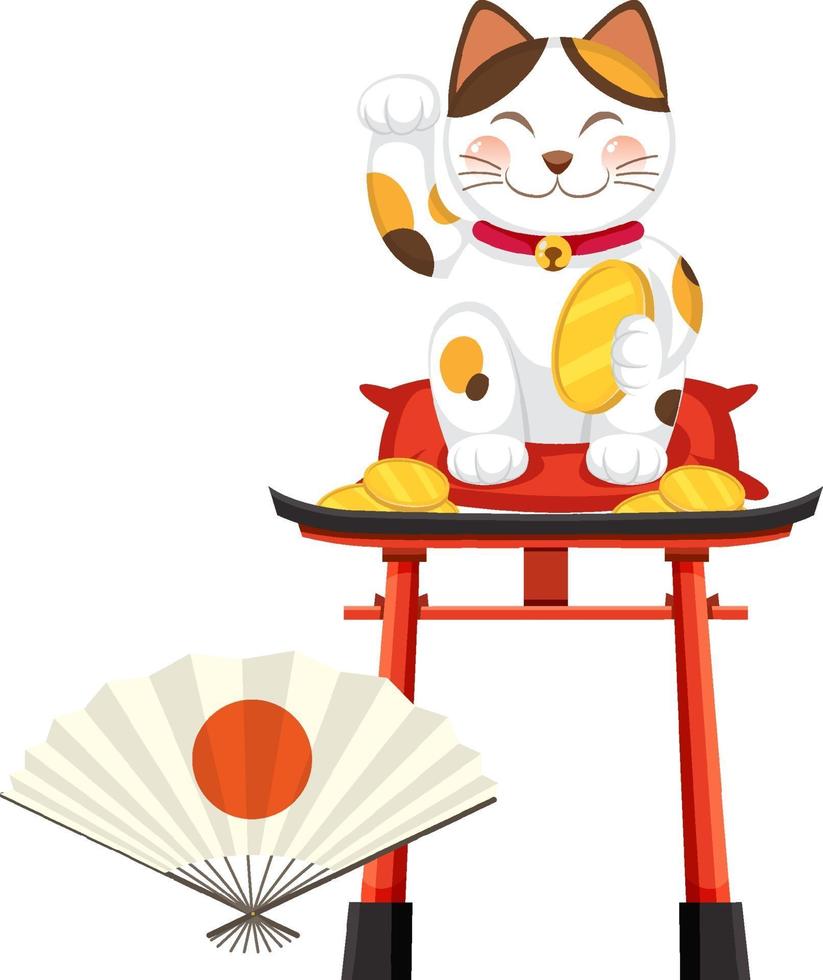 gato de la suerte japonés maneki neko en la puerta torii vector