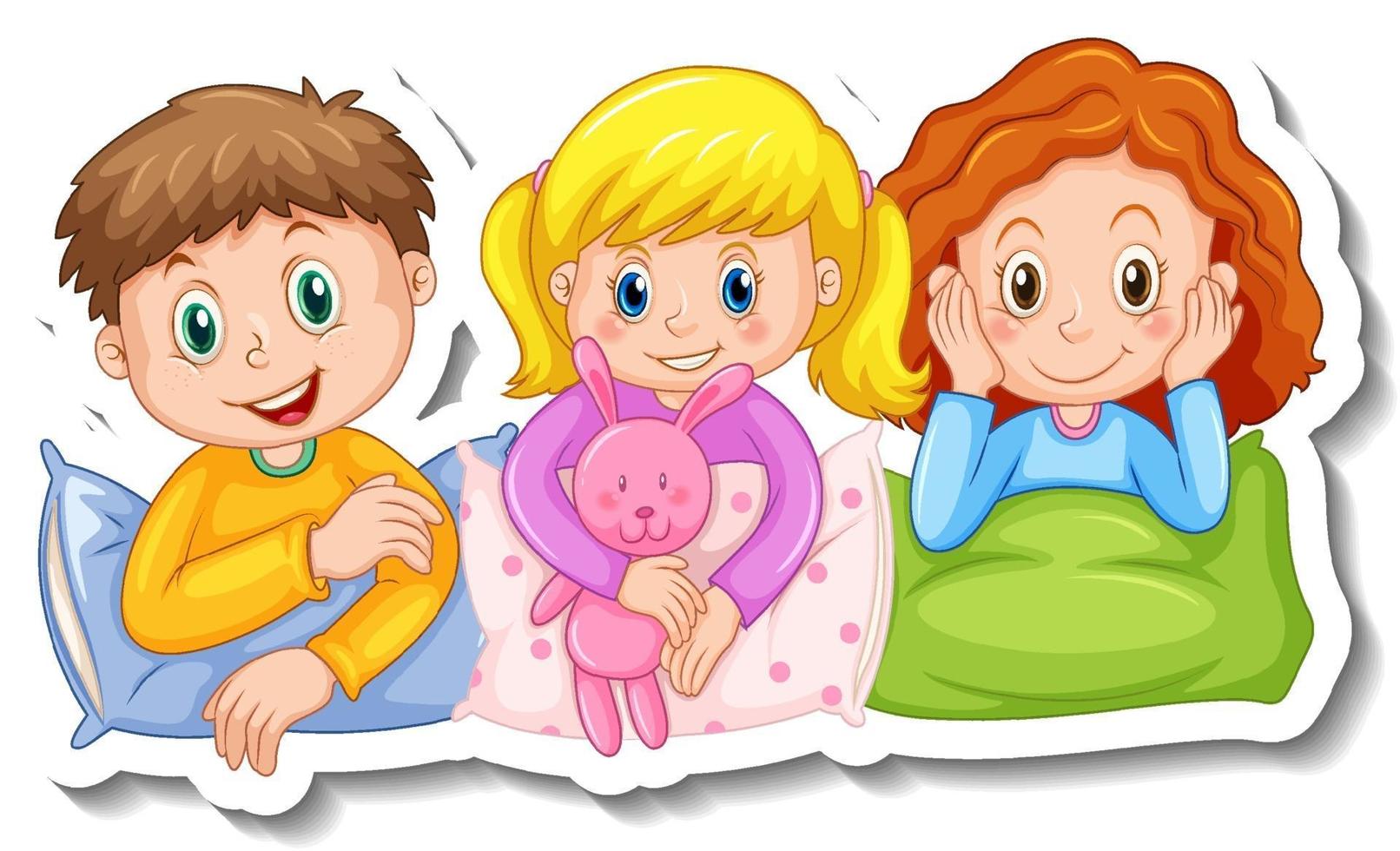 Sticker template with three kids in pajamas costumes isolated vector