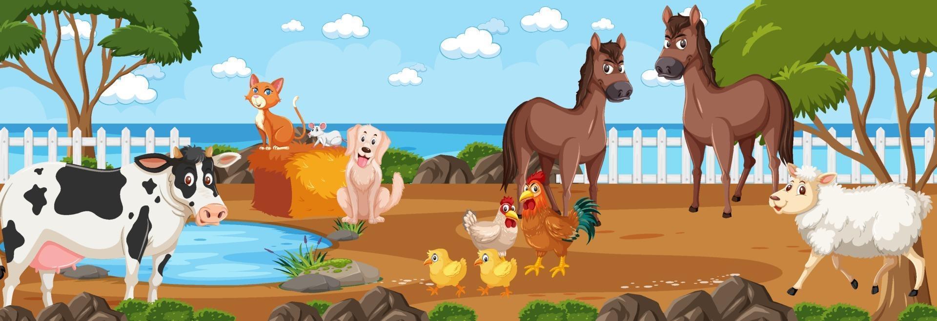 Panorama landscape scene with various farm animals in the farm vector