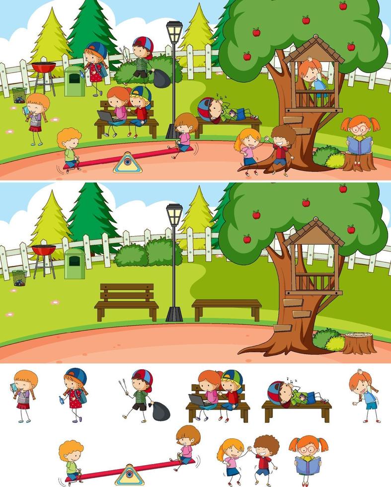Park scene set with many kids doodle cartoon character isolated vector