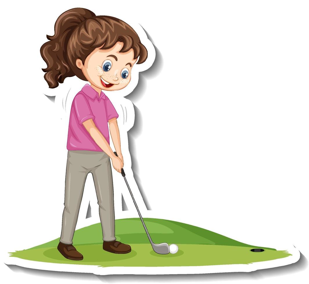 pegatina de personaje de dibujos animados con una niña jugando al golf vector