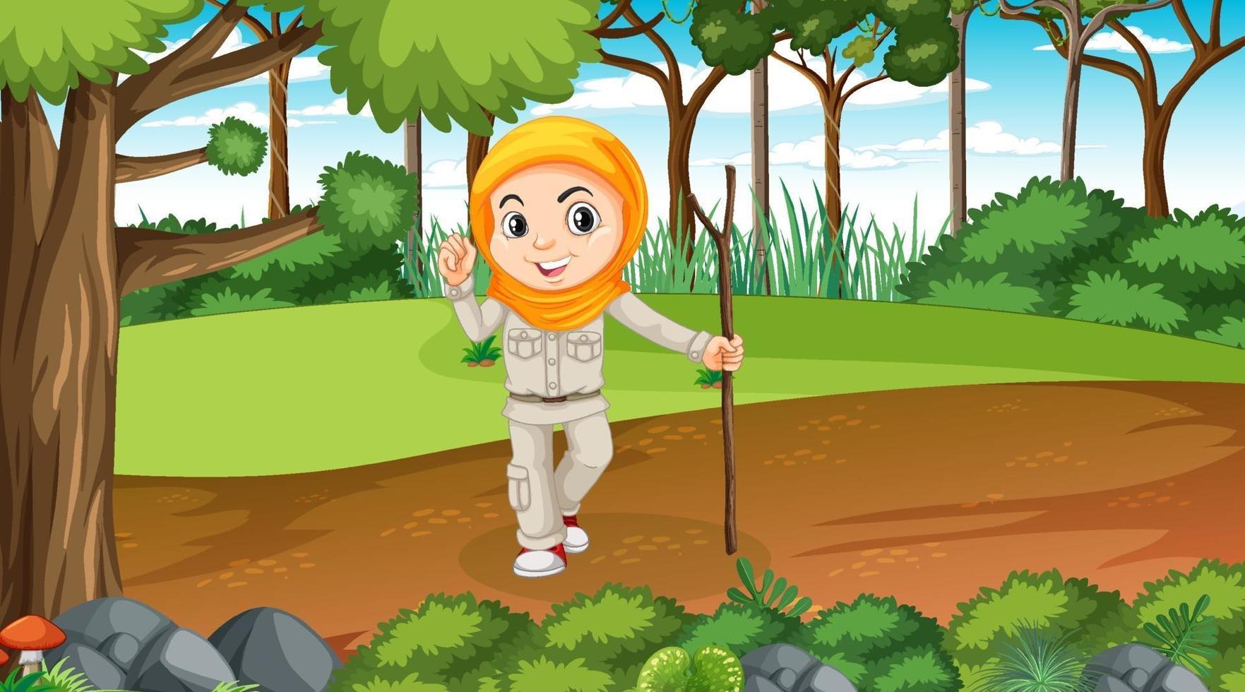 Nature scene with muslim girl exploring in the forest vector