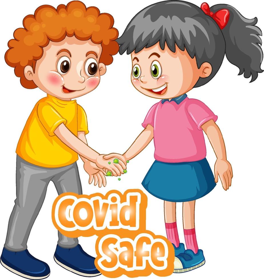Two kids do not keep social distance with Covid Safe font vector