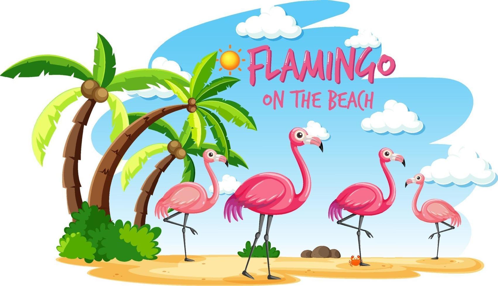 Flamingo en la pancarta de playa con muchos niños en la playa. vector