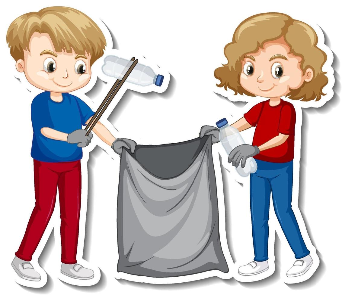 Sticker design with children collecting garbage vector