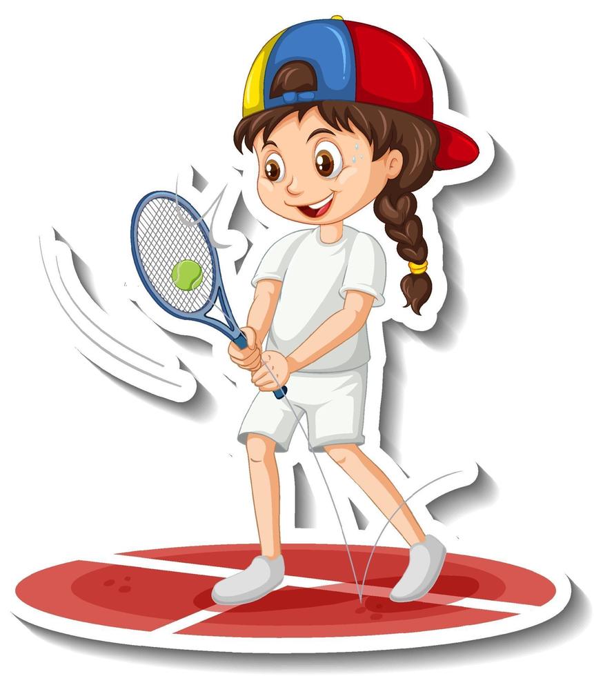 pegatina de personaje de dibujos animados con una niña jugando al tenis vector