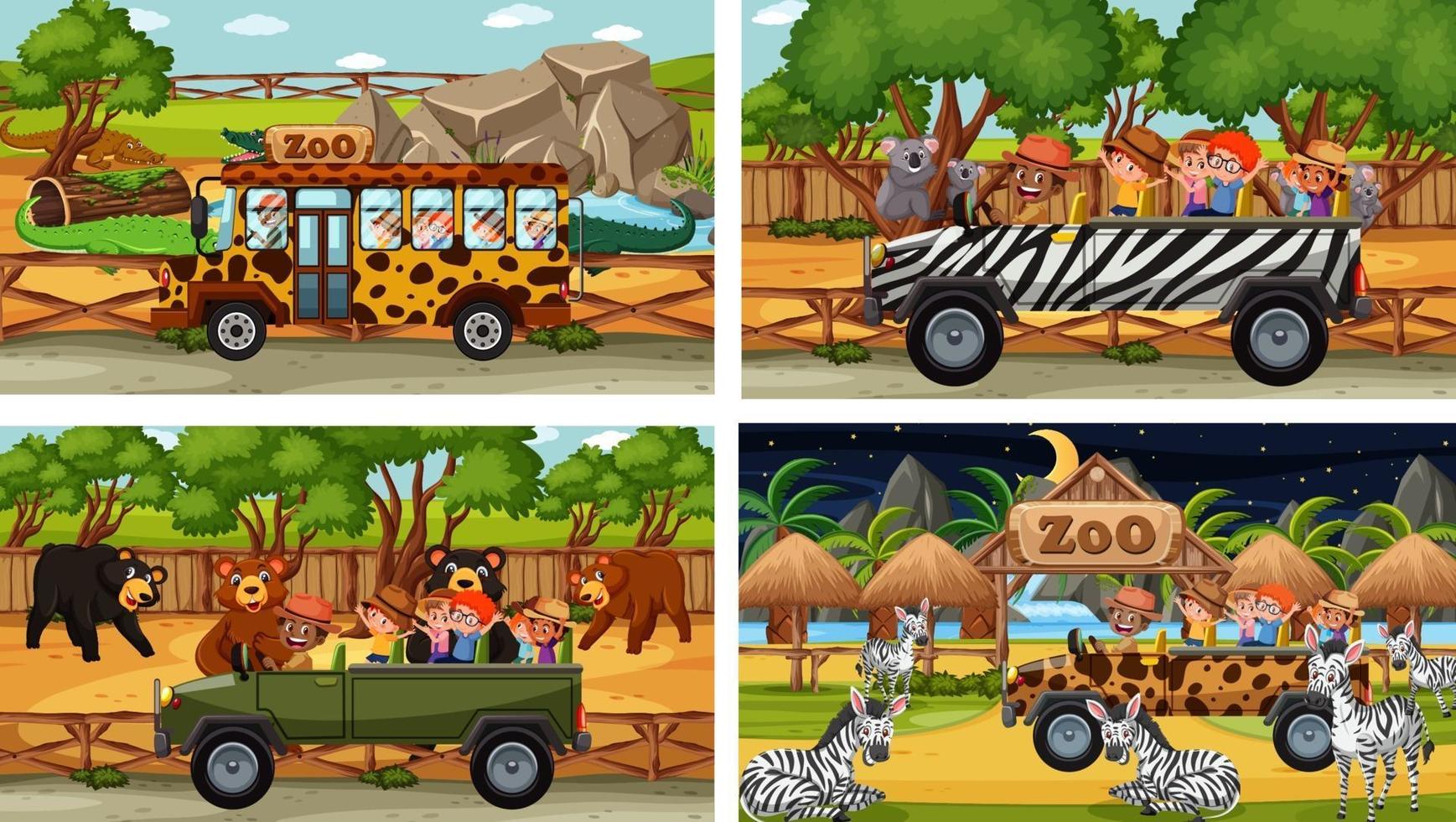 Set of different animals in safari scenes with kids vector