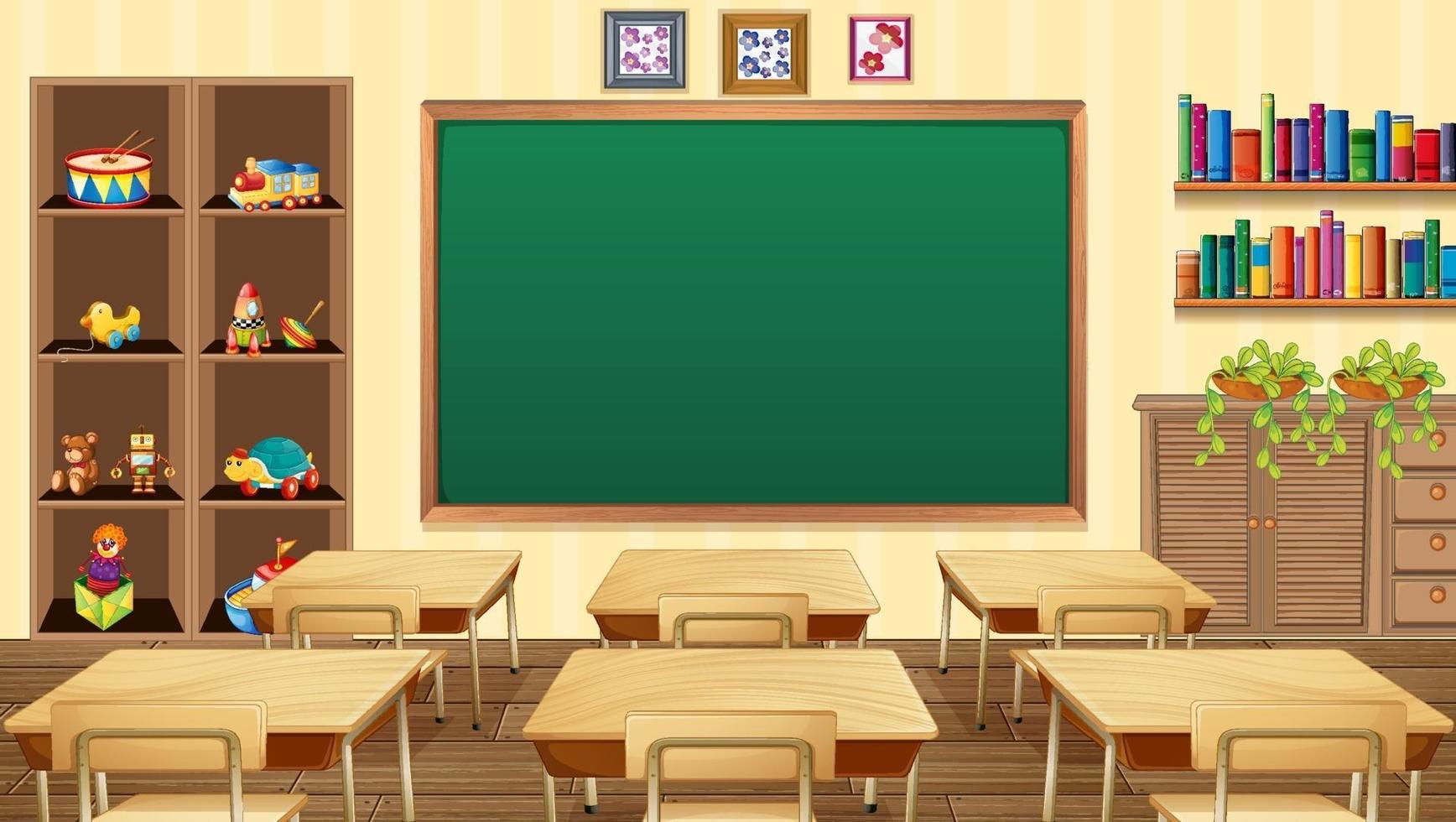 Empty classroom scene with interior decoration and objects vector