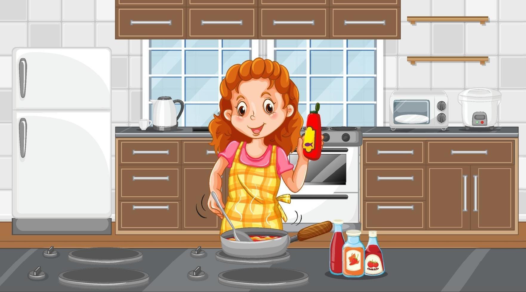 mujer feliz cocinando en la escena de la cocina vector