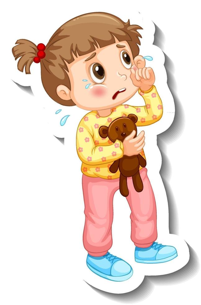 Sticker template with a little girl crying cartoon character isolated vector