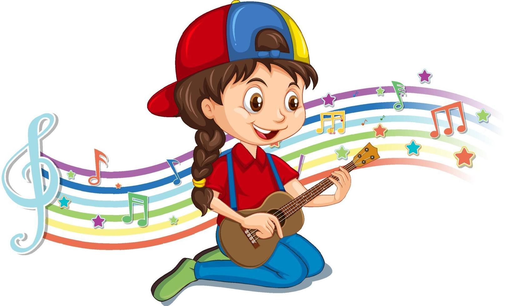 Girl playing guitar with melody symbols on rainbow wave vector