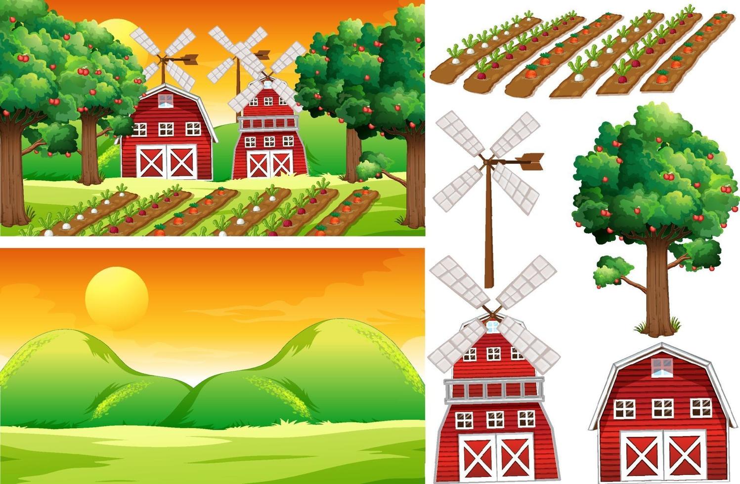 Farm element set isolated with farm scence vector