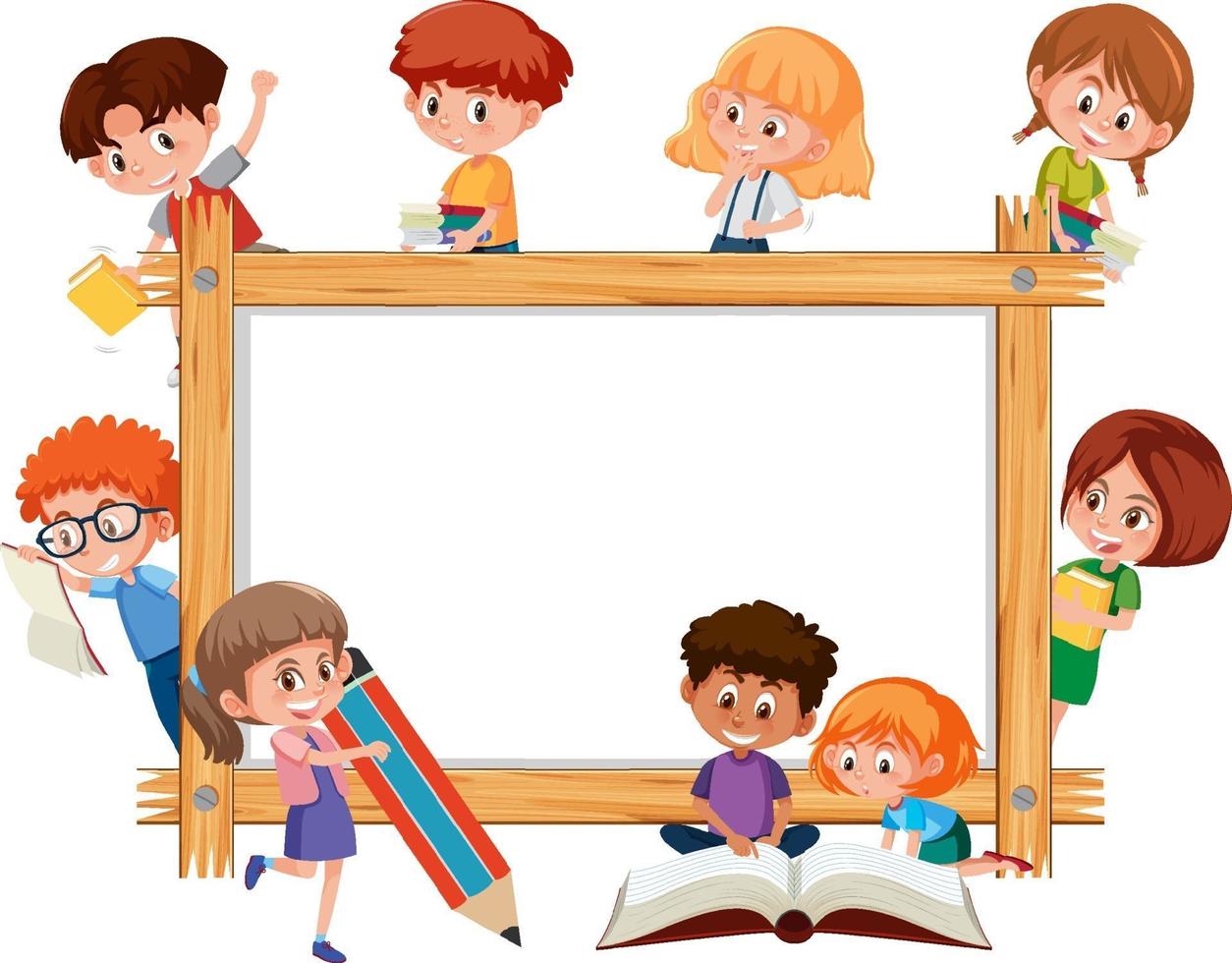 Empty wooden frame with many school kids cartoon character vector