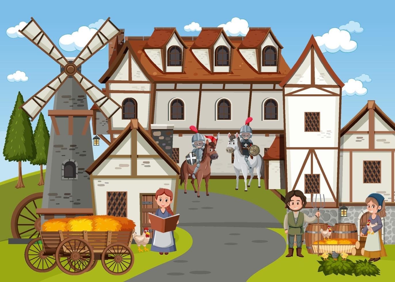 Medieval town scene with villagers vector