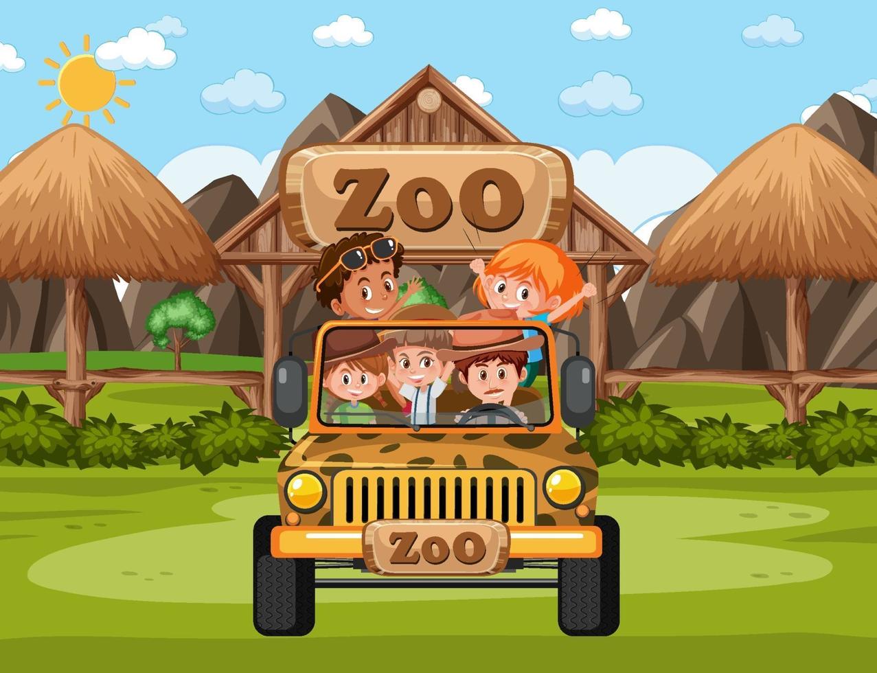 Los niños en el automóvil turístico exploran la escena del zoológico. vector