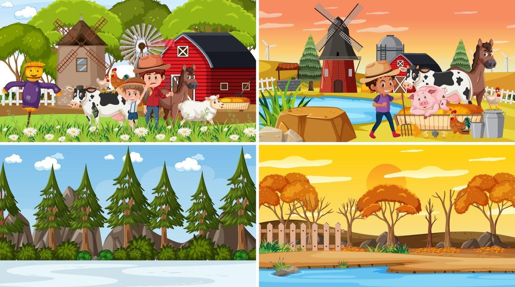 Set of different nature scenes cartoon style vector