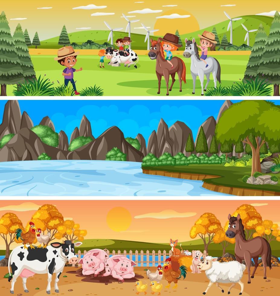 Escena de paisaje panorámico al aire libre con personaje de dibujos animados vector