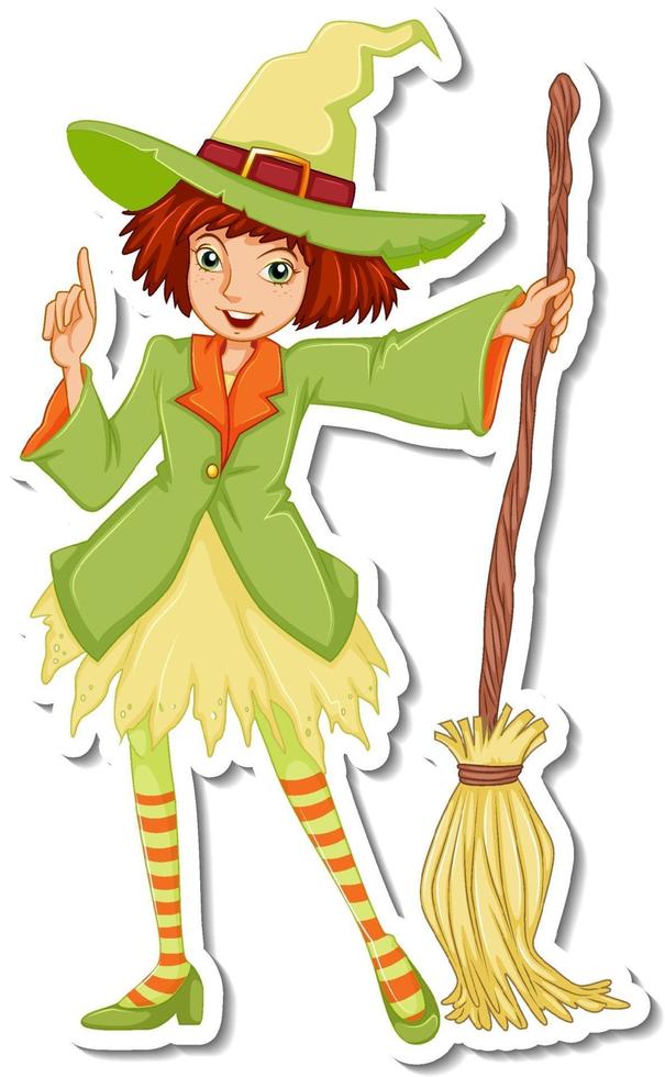 A witch with broom cartoon character sticker vector