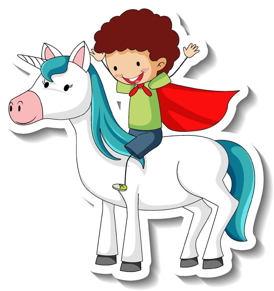 lindas pegatinas con un niño héroe montado en un personaje de dibujos animados de unicornio vector