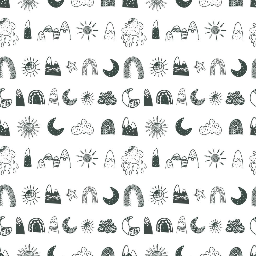 Scandinavian pattern done in  mountains, rainbows, sunshine, clouds vector