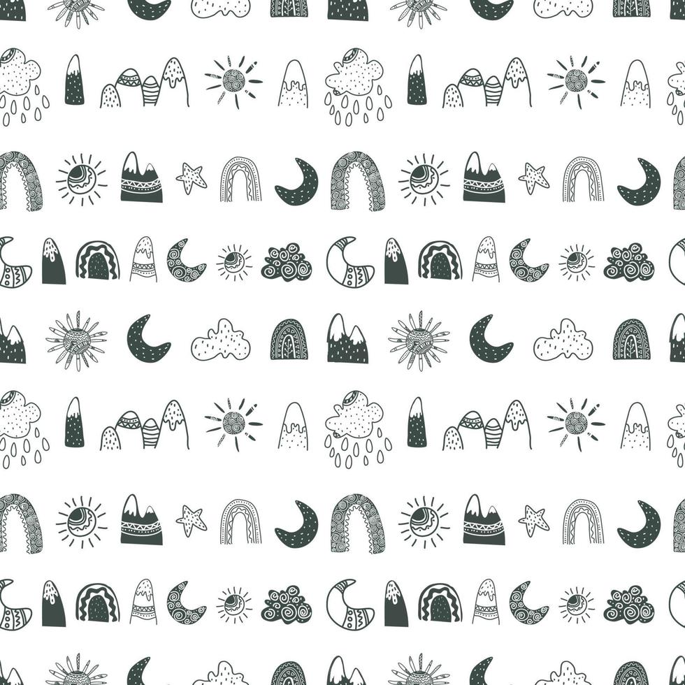 Scandinavian pattern done in  mountains, rainbows, sunshine, clouds vector