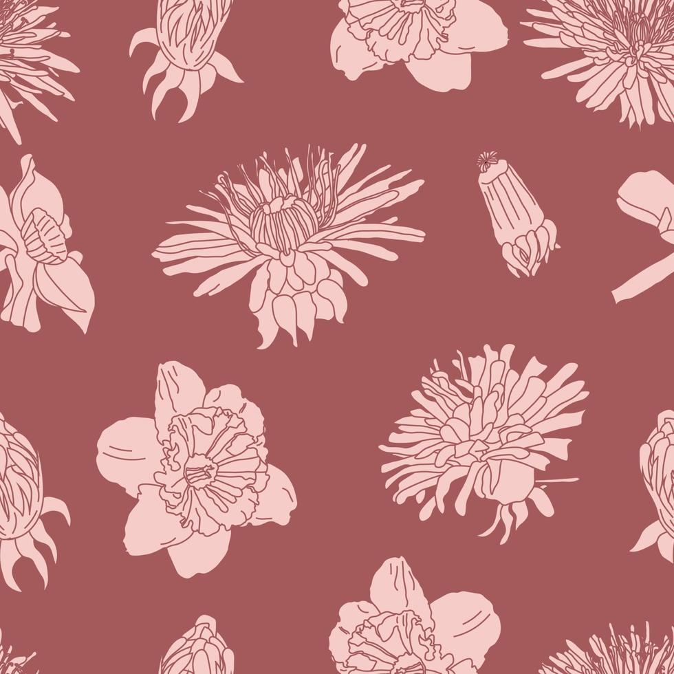 Big Bloom Vintage Line Art Seamless Floral Pattern vector