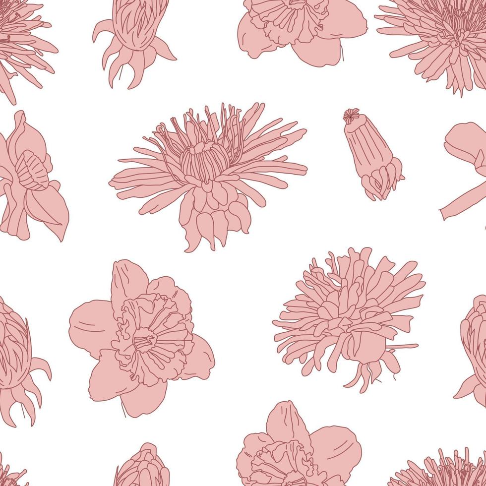 Big Bloom Vintage Line Art Seamless Floral Pattern vector