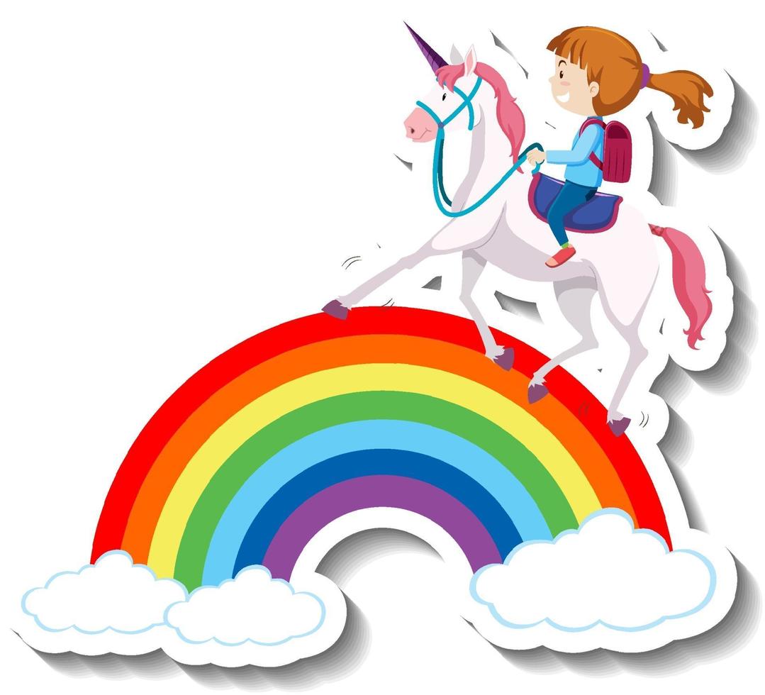 niña montando unicornio en el arcoiris vector