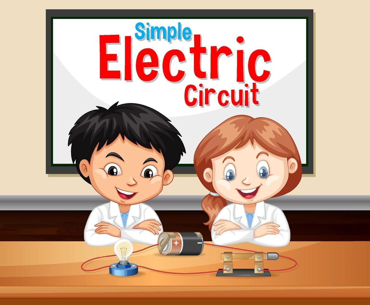 circuito eléctrico simple con personaje de dibujos animados para niños científico vector