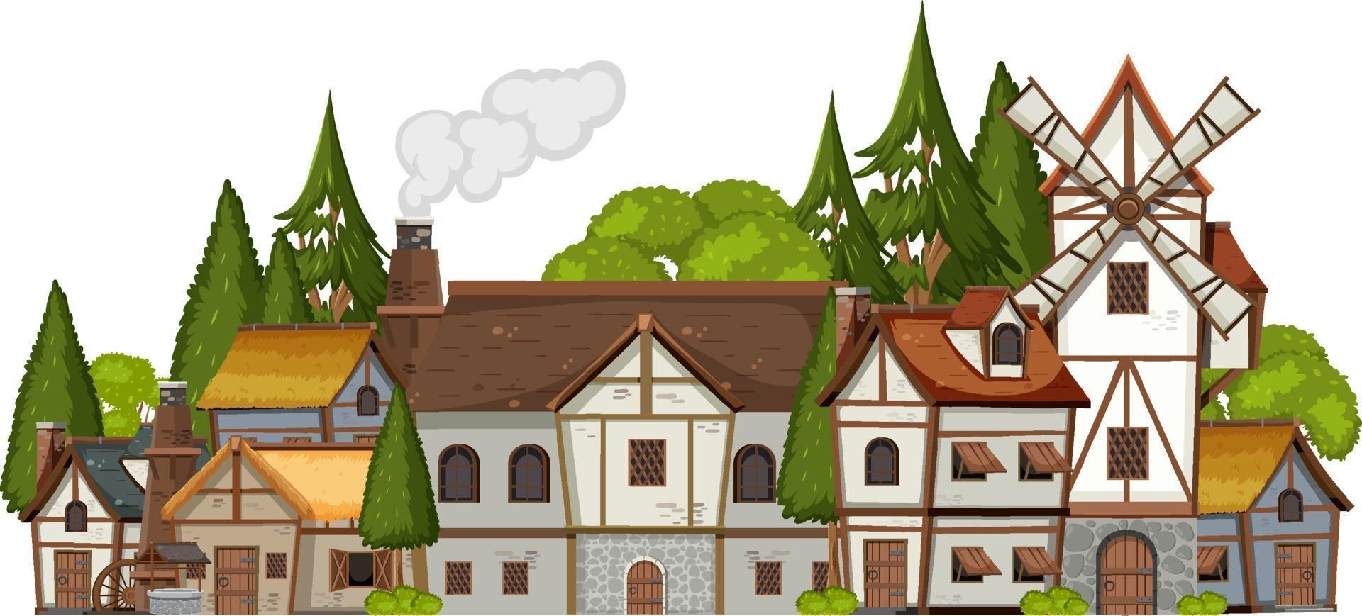 Medieval village scene on white background vector