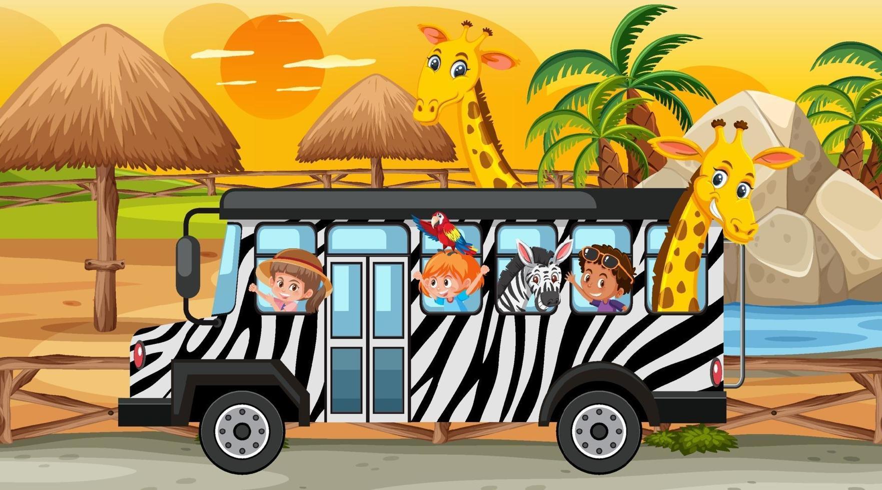 Safari al atardecer con niños y animales en el autobús. vector