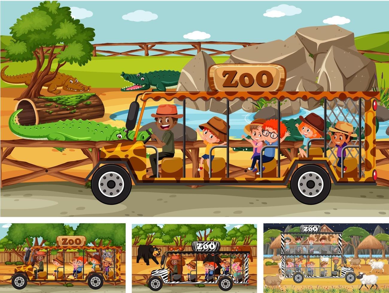 Diferentes escenas de safari con animales y personajes de dibujos animados para niños. vector