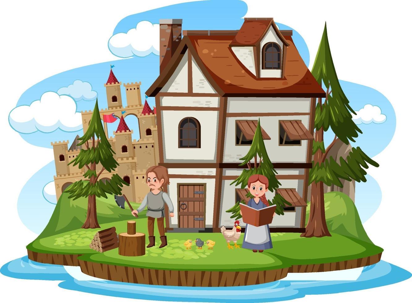 Ancient medieval house with people on white background vector