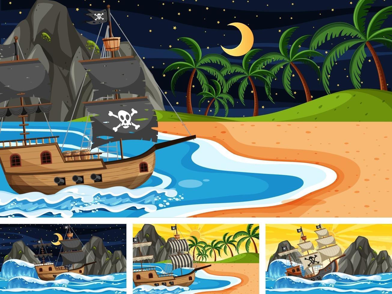 diferentes océanos con barco pirata en estilo de dibujos animados vector
