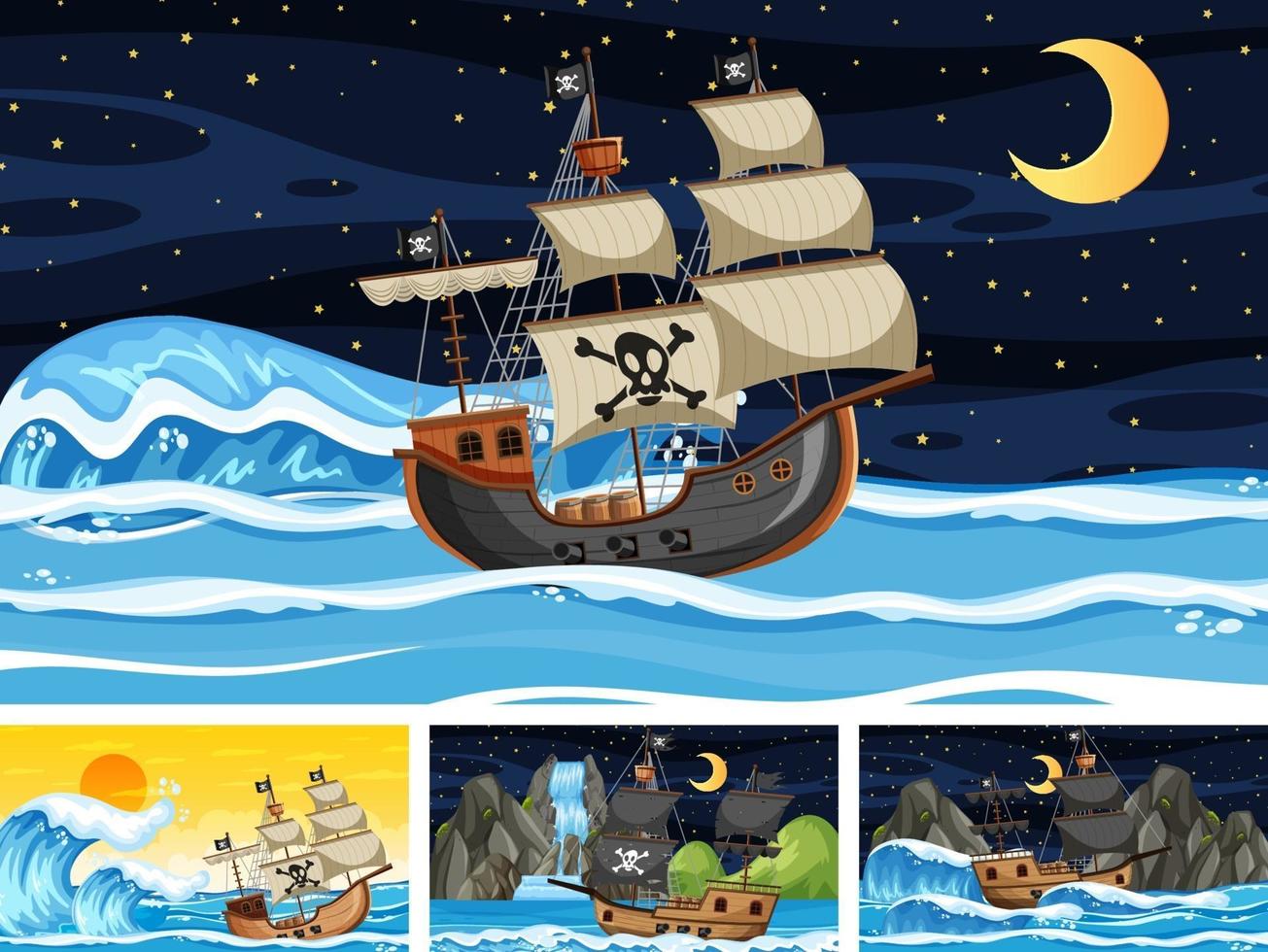 Diferentes escenas oceánicas con barco pirata en estilo de dibujos animados. vector