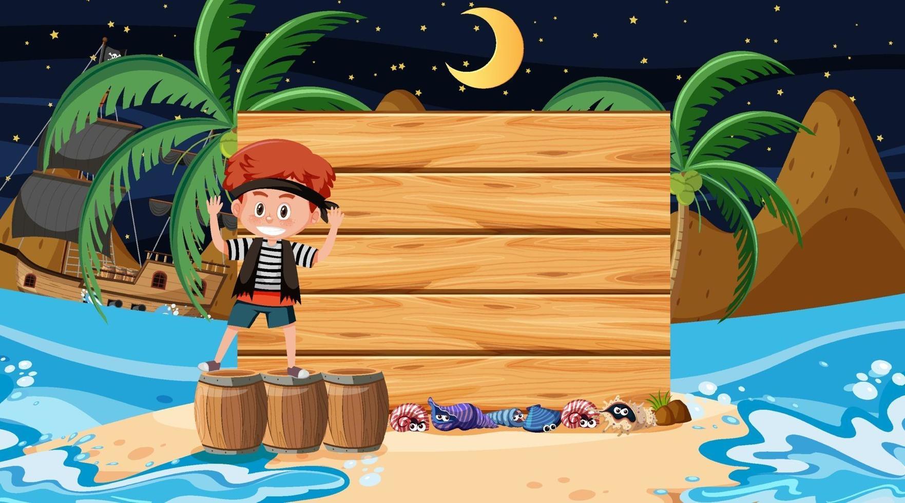 Niños piratas en la escena de la playa con una plantilla de tablero de madera vacía vector