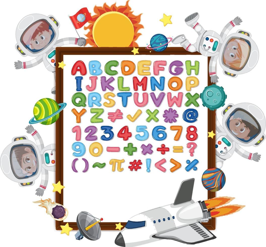 Alphabet A-Z and math symbols on a board with astronaut kids vector