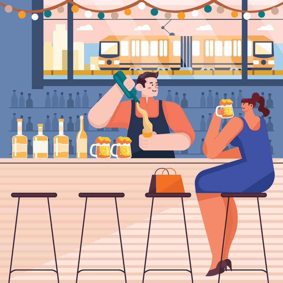 Bartender Talk To Woman In Bar Concept vector