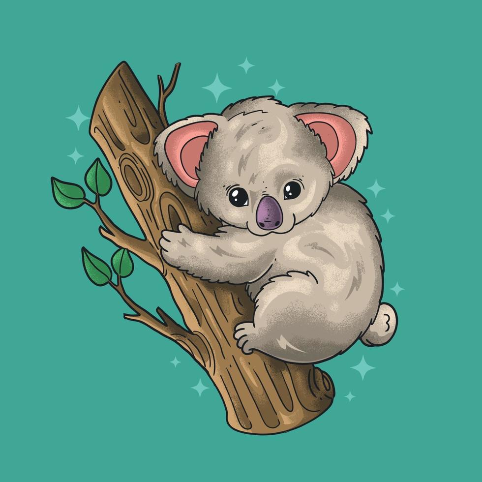 pequeño koala trepando un árbol ilustración vector estilo grunge